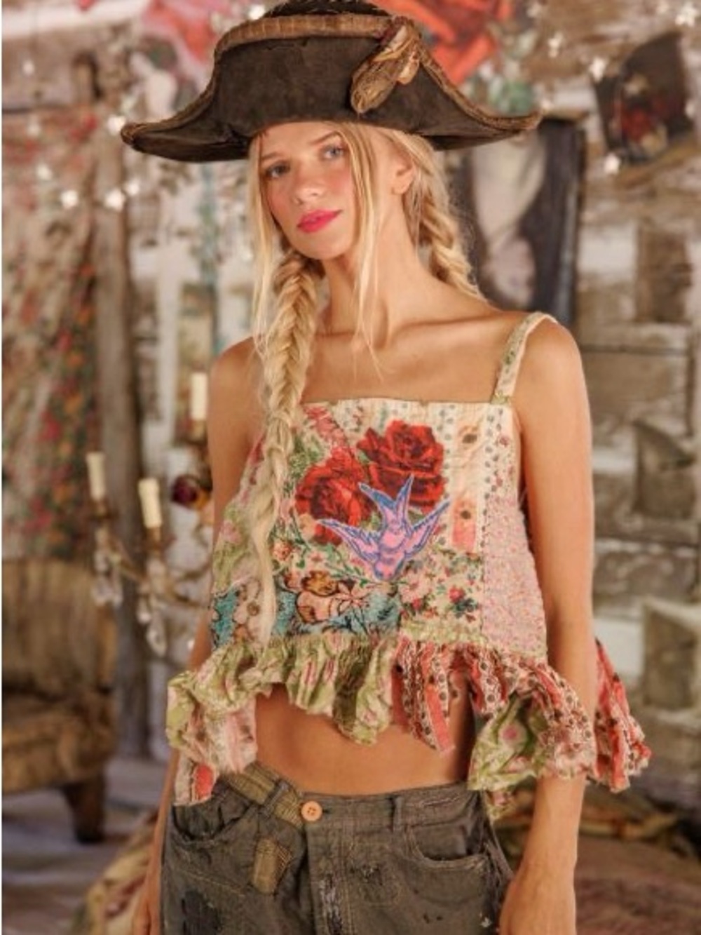 Magnolia Pearl Floral Patchwork Ruffle Camisole - Pink, Red, Green